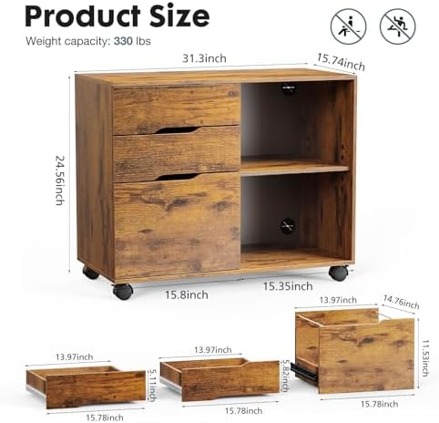 DUMOS File Cabinet with 3 Drawers, Wood Under Desk Storage Printer Stand - Image 3