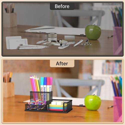 Pen Holder Desk Organizer, Office Supplies Pencil Holder with 3 Compartments, Desk Accessories and Workspace Organizers for Home School Classroom, Black - Image 6
