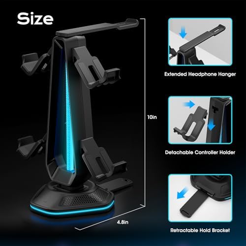 Saitake RGB Controller Stand, Gaming Controller Holder with 9 Light Modes, 2 USB Charging Ports, Headset Stand, Desk Organizer for Xbox PS5 PS4 Switch PC, 4 Controllers & 1 Headphone (Black) - Image 2