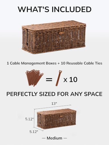 Cable Management Box, Cord Organizer with Lid & Ties-Braided Edging,Brown,M - Image 2