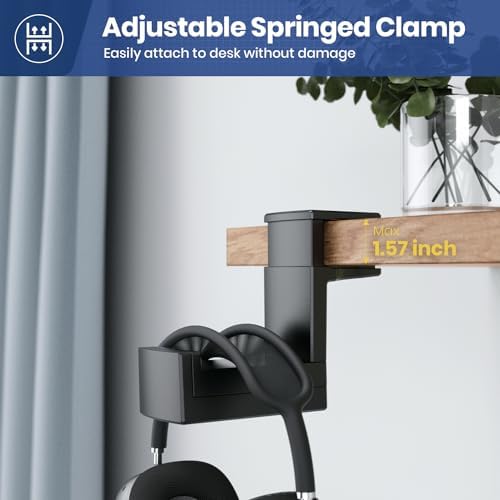 Dual Headphone Stand Holder - EURPMASK 2 in 1 PC Gaming Headset Hooks, 360 Degree Rotating Headphone Hanger with Adjustable Clamp & Cable Clip Organizer, Headset Mount Under Desk Earphone Clamp-Black - Image 4