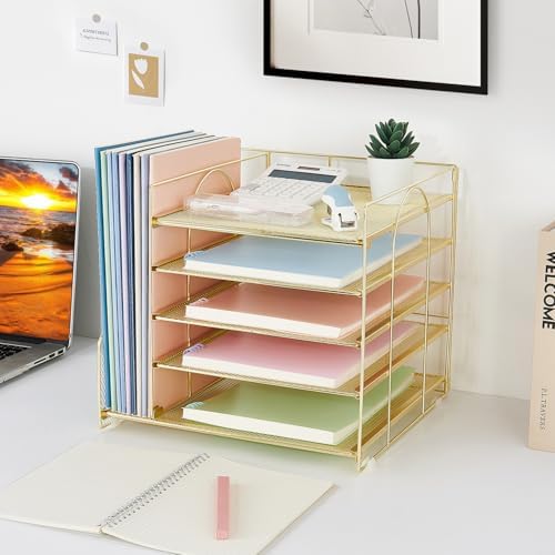 Desk Organizers and Accessories, 5-Tier Paper Letter Tray Organizer with File Holder, Desktop Organizer for Office Supplies (Gold) - Image 6