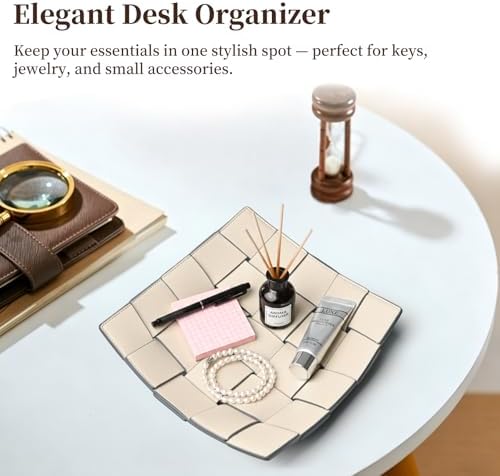 Valet Tray PU Leather Key Holder Bowl for Women and Men Entryway Table Nightstand Desk Tray for Wallet, Keys Men's Gift - Beige & Gray, 9.8" L x 9.8" W x 2" H - Image 4