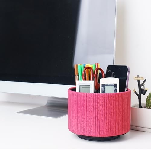 Round Leather Art Supply Organizer,Remote Control Holder,360 Degree Spinning,Multi-Functional Pencil Holder,4 Compartments Desktop Stationary Organizer(1-Vertical Wood Red) - Image 7