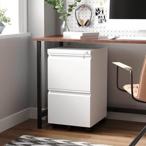 2 Drawer Mobile File Cabinet with Lock,Under Desk Metal Filing Cabinets for Home Office Organizer Letters/Legal/A4(Fully Assembled-White) - Image 2