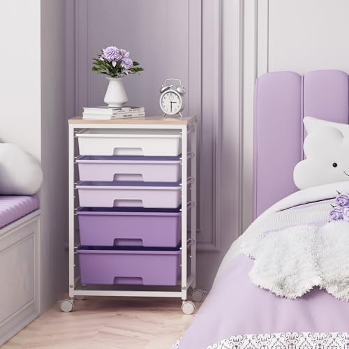 Utility Cart with 5 Drawers with Wooden Top,Purple - Image 2