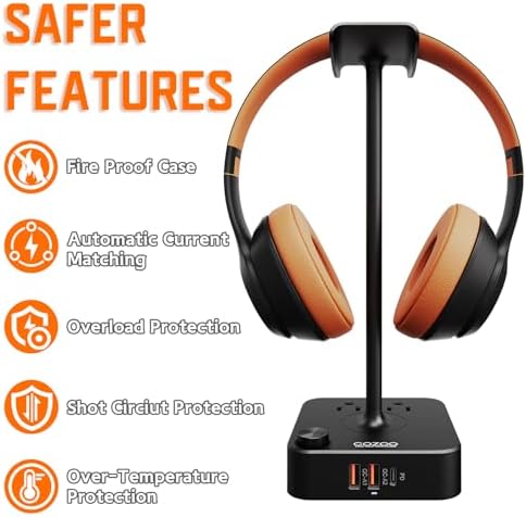 Headphone Stand with Charger for Desk, Gifts for Gamers Men, Black - Image 5