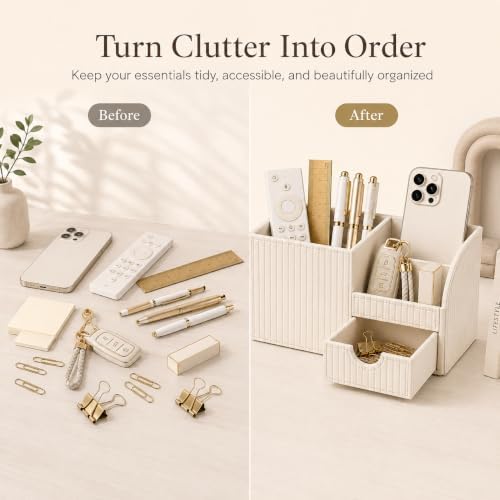 Luxury PU Leather Desk Organizer with Drawer, Modern Aesthetic Office Desk Accessories for Women, Multi-Compartment Pen Holder & Desktop Storage Organizer for Home Office, Cream White - Image 4