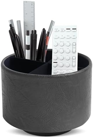 Round Leather Art Supply Organizer,Remote Control Holder,360 Degree Spinning,Multi-Functional Pencil Holder,4 Compartments Desktop Stationary Organizer(1-Crazy Black) by Hennaja