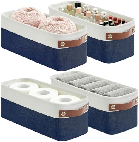 Small Fabric Storage Baskets, 15x6x5 inch Narrow Storage Bins 4-Pack Long Storage Basket for Organizing with Handles, Decorative Basket for Closets, Shelves, Toilet Paper, Navyblue by Bagnizer