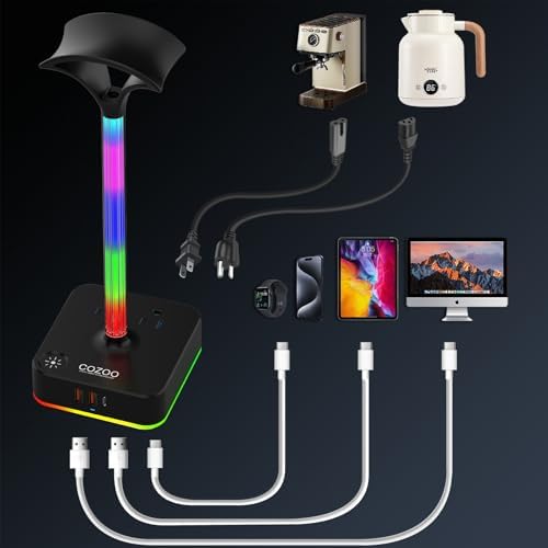Headphone Stand with Charger, USB C, Gifts for Gamers Men, RGB Black - Image 5