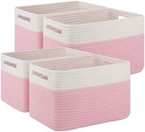 4 Pack Storage Baskets for Organizing, Woven Baskets for Shelves - Perfect for Toys, Books, Towels, and Clothes, Durable Gift Basket Bins Toy Storage, 13''Lx9''Wx7.8''H, Pink & White by SIXDOVE
