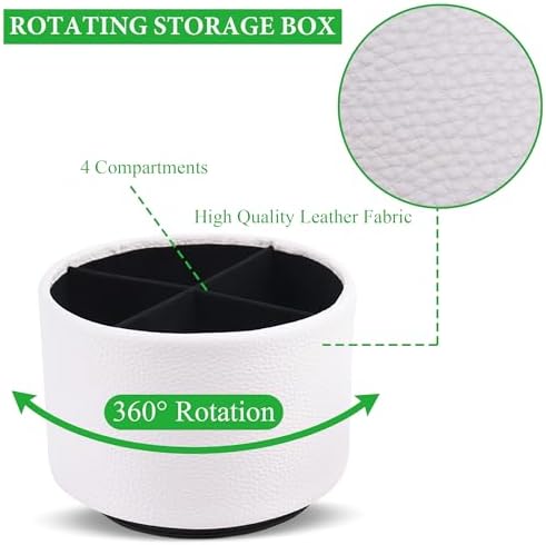 Round Leather Art Supply Organizer,Remote Control Holder,360 Degree Spinning,Multi-Functional Pencil Holder,4 Compartments Desktop Stationary Organizer(1-Lichee White) - Image 3