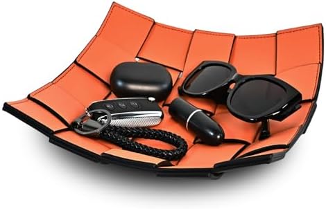Valet Tray PU Leather Key Holder Bowl for Women and Men Entryway Table Nightstand Desk Tray for Wallet, Keys Men's Gift - Orange & Black, 9.8" L x 9.8" W x 2" H by MSJGA