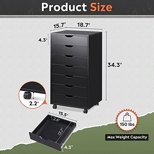 DEVAISE 7-Drawer Office File Cabinets, Mobile Craft Storage Cabinet, Black - Image 3