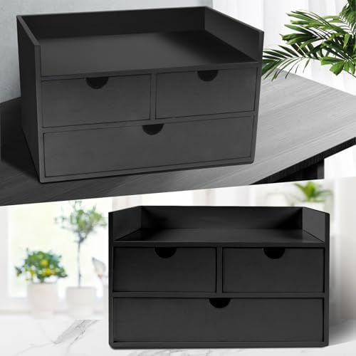 Bamboo Desk Organizer 3 Drawer with Shelf, Countertop Organizer with Drawers Makeup Storage Drawer 3 Drawers Tabletop Storage Organization Box Home Office Workspace（Black） - Image 3