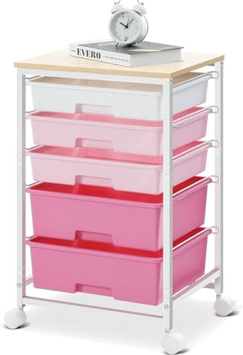 Utility Cart with Drawers,5 Drawers Storage Cart,Rose Pink by SYKIARIOL