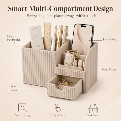 Luxury PU Leather Desk Organizer with Drawer, Modern Aesthetic Office Desk Accessories for Men & Women, Multi-Compartment Pen Holder & Desktop Storage Organizer for Home Office - Image 4