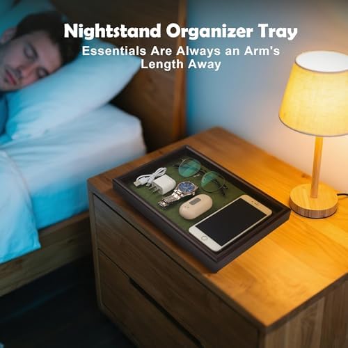 Wooden Valet Tray with Leather Base - Nightstand Catchall Organizer for Cologne, Perfume, Keys, Wallet, Phone, Watch, Jewelry & Sunglasses (2Pcs Green) - Image 4