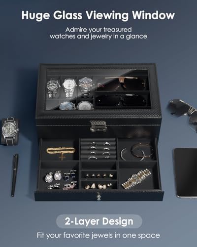 Mens Jewelry Box Organizer, 6 Watch Slots & 3 Sunglasses -All Black - Image 3