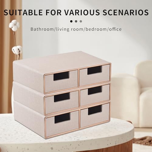 Linen Leather Desk Organizer with Drawers－Mini Desktop Drawer Organizer Stackable－Multifunctional Tabletop Organization Storage Box for Office Supplies Home Vanity Toiletries (Beige, 2-drawers) - Image 5