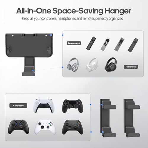 Controller & Headset & Remote Holder Wall Mount with No Drill, 2 Packs Gaming 4 Controllers Hanger Hook Mount for PS5/PS4/XBOX/Switch, Headphone Stand & Remote Control Holer Wall Shelf with Adhesives - Image 3