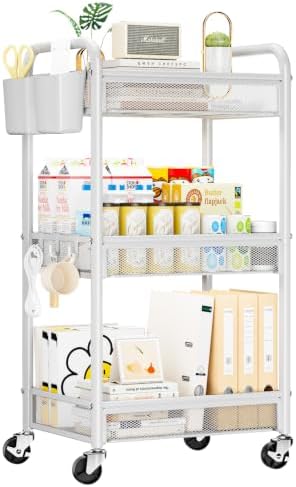 YASONIC 3 Tier Metal Rolling Cart, White Utility Storage Cart with Wheels by YASONIC