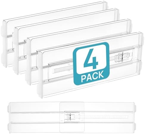 Vtopmart 4 Pack Drawer Dividers for Clothes, 4" High 10.2"-16.5" Adjustable Expandable Dresser Drawer Organizer, Clear Plastic Separators for Dresser, Baby Clothing, Underwear, Cosmetic, Toiletries by Vtopmart