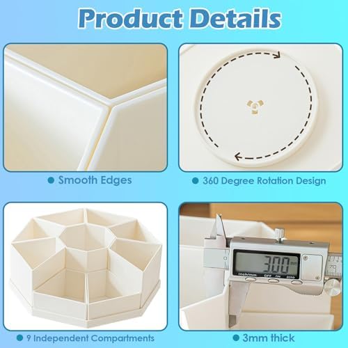 360 Degree Rotating Desk Organizer Caddy with 9 Compartments, Large Capacity Detachable Pencil Holder for Desk, Multifunctional Desktop Storage for Office, School, Home, Dressing Table, White - Image 6