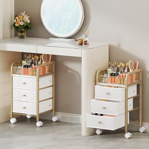 Rolling Makeup Organizer Cart - Under Desk Vanity Makeup Storage with 3 Non-woven Drawers, Nail Cart Organizer Cosmetic Display Cases Cabinet for Skin Care Perfume Nail Polish Brush Hair Tool by SwtyMiki-TidyHomeSweetLife