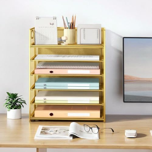 6 Tier Paper Organizer with Handle,Construction Teacher Desk Decor,Gold - Image 7