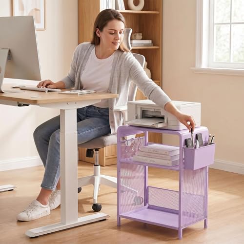 Small 3 Tier Printer Stand for Under Desk, Height Adjustable Shelf Printer Table with 3 S-Hooks & Basket, Heavy Duty Industrial Storage Shelf for Home Office (Purple) - Image 5