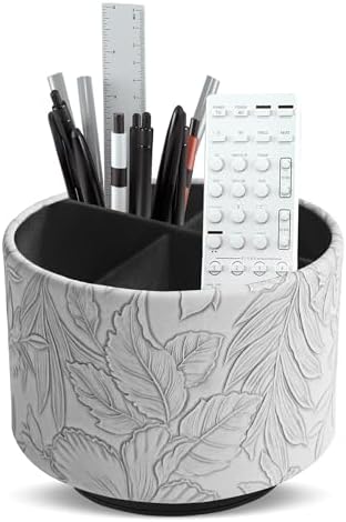 Round Leather Art Supply Organizer,Remote Control Holder,360 Degree Spinning,Multi-Functional Pencil Holder,4 Compartments Desktop Stationary Organizer(1-Carved Grey) by Hennaja