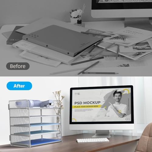 Letter Tray Paper Organizer 5-Tier Desk Organizer File Organizer Paper Holder with Handle, Metal Desktop Document Shelf Tray Office Classroom Organization - White - Image 3