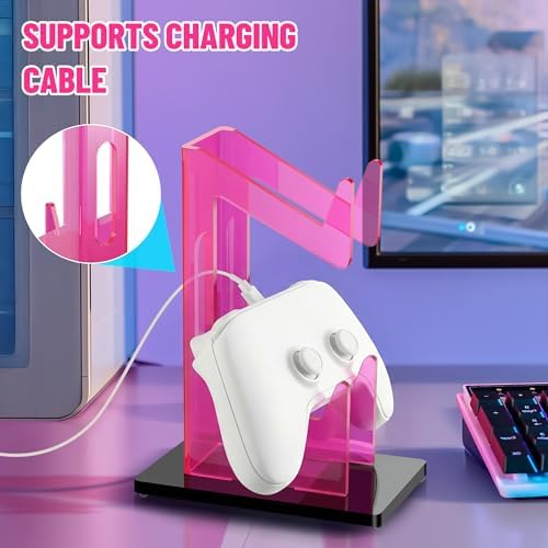 NiHome Rose Pink Acrylic 2-Tier Universal Game Controller Headset Holder Stand for PS5 Xbox ONE Switch Colorful Controller Stand Gaming Accessories Anti-Slip Stable Acrylic Clear Headphone Holder - Image 3
