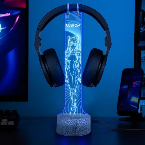 Custom LED Headphone Stand with Design, Personalized Gaming Desk for Men Boyfriend, Gaming Headset Holder RGB with 16 Color Lights Gifts for Cyberpunk Anime Gamer, Light up Headphone Stand by Nazenti