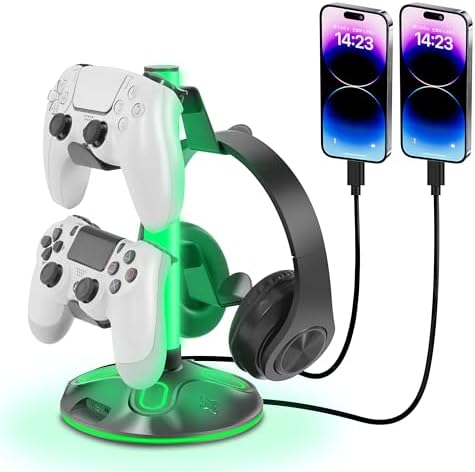 RGB Headphone Stand for Desk, Innovative Headset Stand with 9 Light Modes - Controller Holder with USB Charging and Type-c Port, Gamepad Earphone Accessories (Black) by KEERXUN-KEX