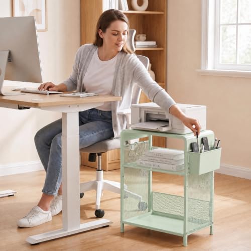 Small 3 Tier Printer Stand for Under Desk, Height Adjustable Shelf Printer Table with 3 S-Hooks & Basket, Heavy Duty Industrial Storage Shelf for Home Office (Sage Green) - Image 5