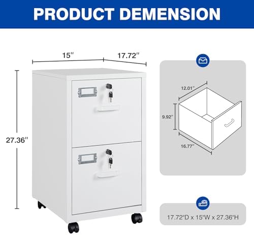2 Drawers File Cabinet with Lock Metal Vertical File Cabient with Wheels Mobile File Cabinet for Office Home Legal/Letter/a4 Size Require Assembly - Image 3