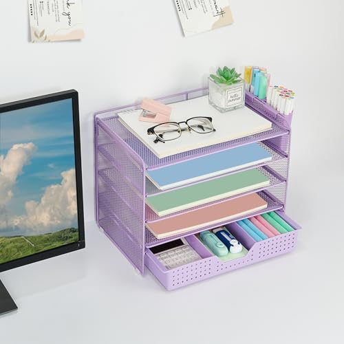 Desk Organizers and Accessories, 5-Tier Paper Letter Tray Organizer with Drawer & 2 Pen Holders, Desktop Organizer for Office Supplies (Purple) - Image 3