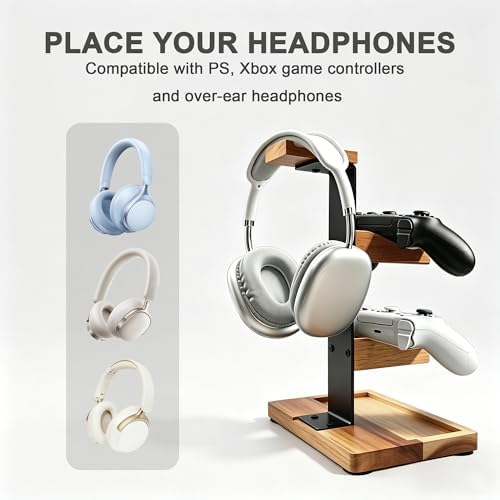 Acacia Wood Gaming Headset Stand & Dual Controller Holder, Solid Wood Desk Organizer Compatible with PS5, Xbox, Switch, Over-Ear Headphones, Gamer Gift for Men - Image 5