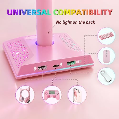 VCOM RGB Gaming Headphones Stand with 2 USB Ports, Pink Headset Stand with 10 Light Modes and Non-Slip Rubber, Suitable for PC Desk Accessories Gamers Gift(Pink) - Image 4