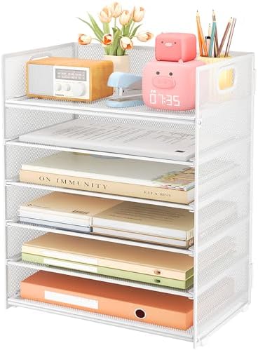 6 Tier Paper Organizer for Desk with Handle, Metal Mesh Desk Office File Folder Paper Letter Tray Accessories Organizer Sorter for Home, School, Office Desktop Document Organization - White by SUBEKYU