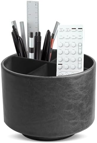 Round Leather Art Supply Organizer,Remote Control Holder,360 Degree Spinning,Multi-Functional Pencil Holder,4 Compartments Desktop Stationary Organizer(1-Oil Black) by Hennaja