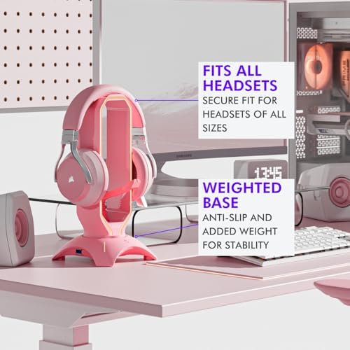 Cute Headphone Stand Pink | Headset Stand with RGB, Mouse Bungee Holder, and 2 Port USB Hub Charger - Desk Gaming Accessories - Image 6