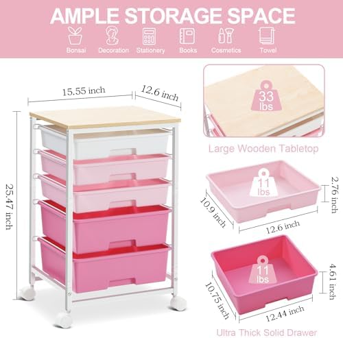 Utility Cart with Drawers,5 Drawers Storage Cart,Rose Pink - Image 3