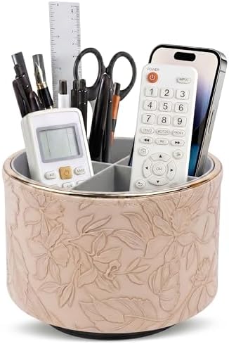 Round Leather Art Supply Organizer,Remote Control Holder,360 Degree Spinning,Multi-Functional Pencil Holder,4 Compartments Desktop Stationary Organizer(1-Golden Apricot) by Hennaja