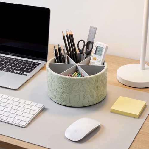 Remote Control Holder, 360°Spinning PU Leather Desk TV Remote Caddy,Desk Storage Box Room Accessories for Controller, Media,Mail,Calculator, Mobile Phone,Pencil(1B-Carved1 Green) - Image 6