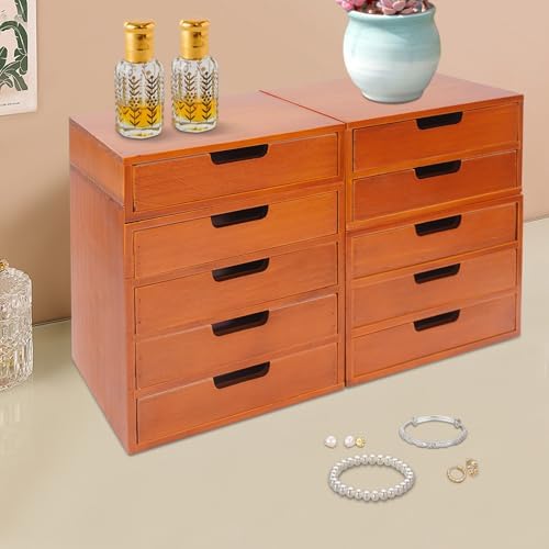 4-Piece Wood Drawer Cabinet Set, Desktop Storage Organizers, 10-Drawer Tabletop Storage Organizer, Desktop Wood Stackable Drawer Cabinet for Home Office Dormitory(Brown) by pijopang