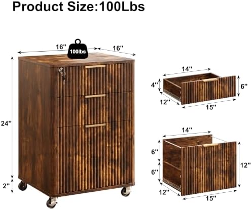 3 Drawers Fluted Mobile File Cabinet with Lock, Rolling File Cabinet Printer Stand Table, Under Desk Wooden Filing Cabinets for Home Office Essentials Storage Organization Furniture Letters/A4(Retro) - Image 2